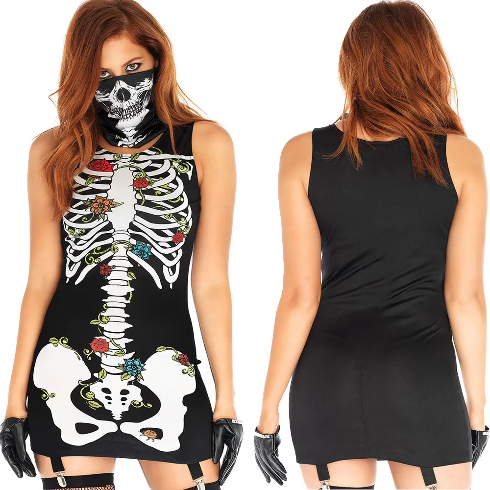 

halloween skull dresses print sleeveless o-neck clothing gothic elegant mama love casual dress black womens vintage