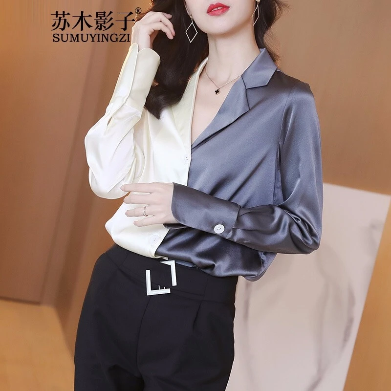 Blusa женская рубашка Элегантная комбинированная атласная рубашка вырез длинный рукав женская официальная рубашка для офиса женский топ