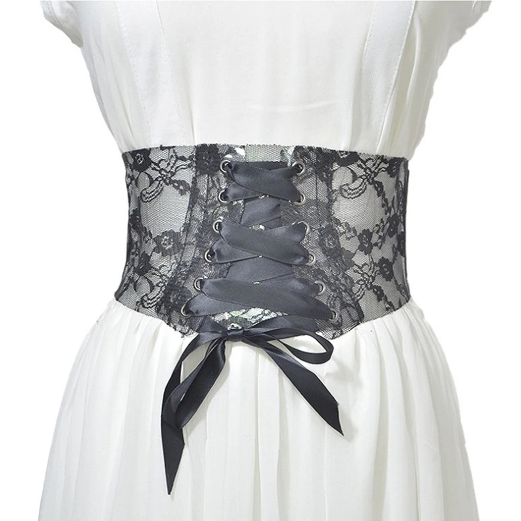 Womens Elastic Stretch Corset Waist Cincher Belt Sheer Lace Waspie Waistband