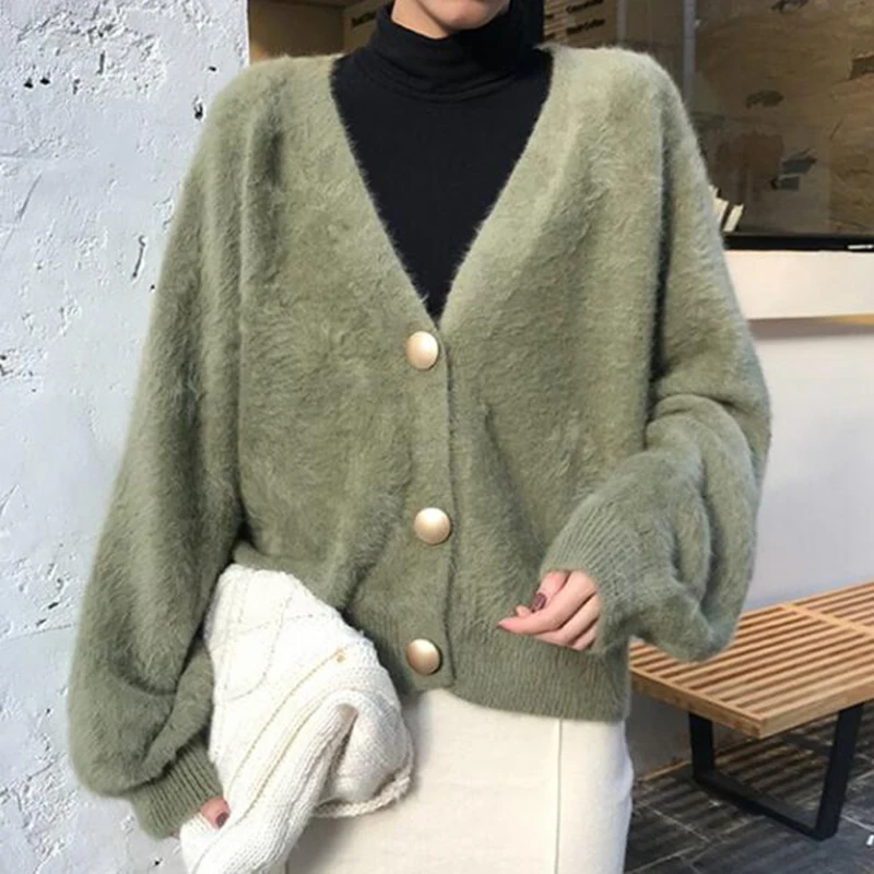 

Sweater Women Imitation mink wool Sweater Cardigan Knitting Pure color Fashion Loose Lazy wind V-neck knit cardigan women s304