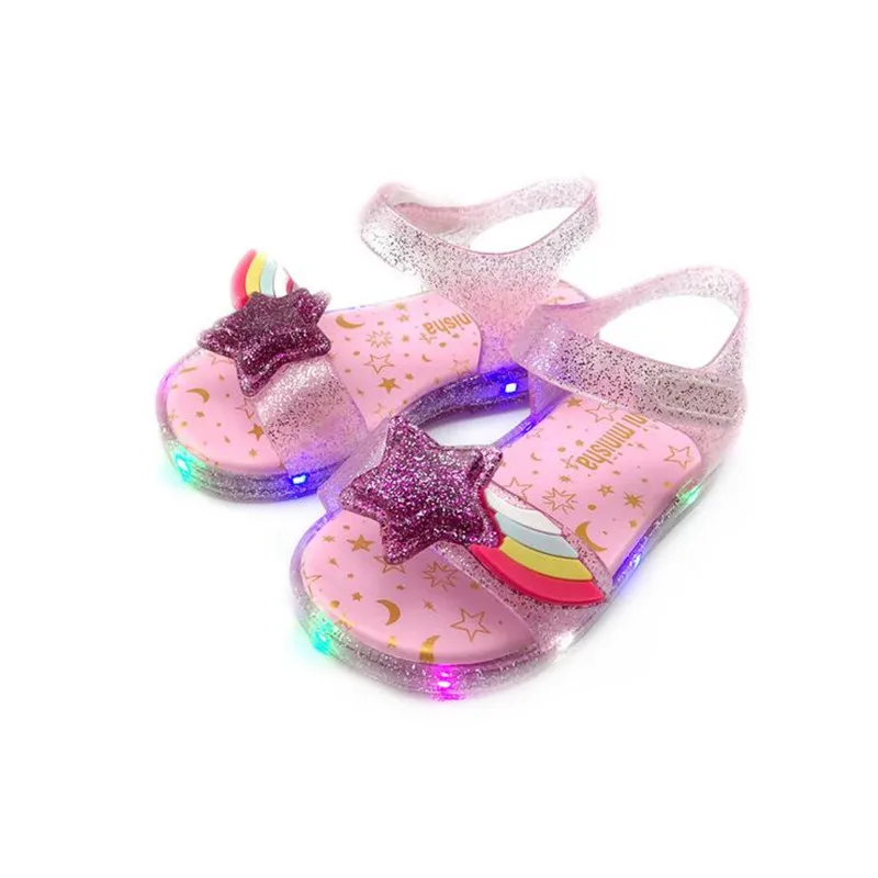 Mini Melissa/ оригинальные прозрачные сандалии для девочек; детские сандалии с подсветкой; детская пляжная обувь; нескользящая обувь для малышей Melissa