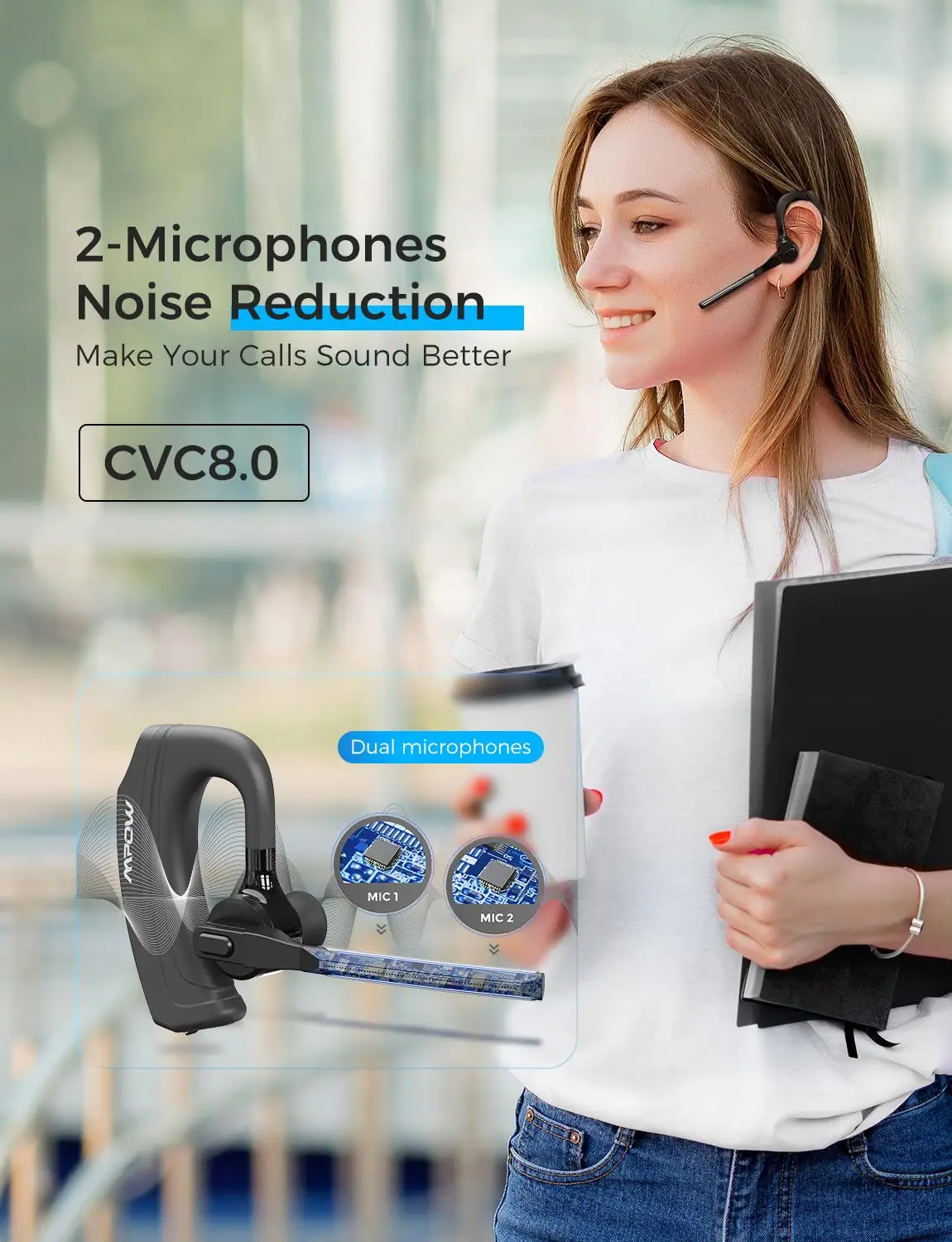 MPOW EM20 одна Bluetooth гарнитура с CVC8.0 шумоподавление и 10 часов в режиме разговора беспроводные наушники для обоих ушей автомобиля офиса