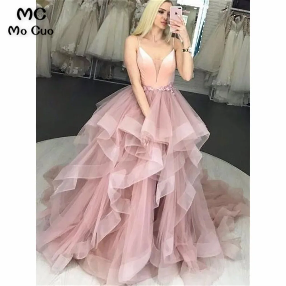 

Sparkly Ball Prom Dresses Long with Flowers Spaghtti Straps V-Neck Evening Gown Prom Dress for Women Custom Made
