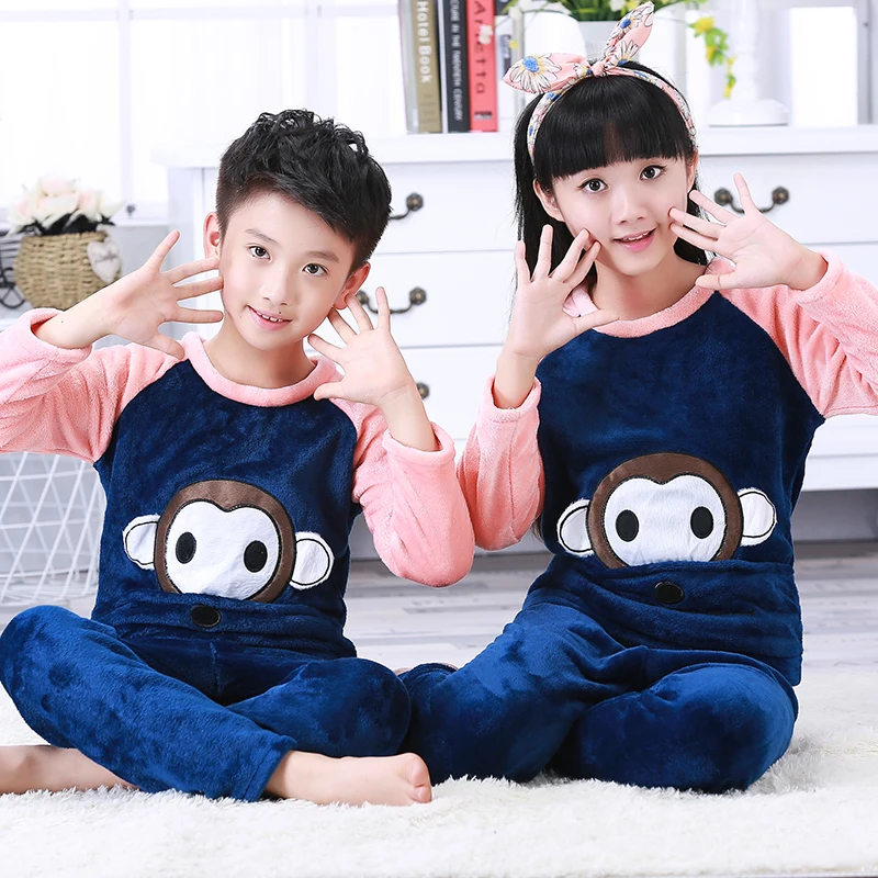 Online 2019 pijamas de lana de invierno para niños espesar la ropa de dormir de franela caliente para niñas ropa de dormir de lana de Coral pijamas para niños Camiseta larga + pantalón