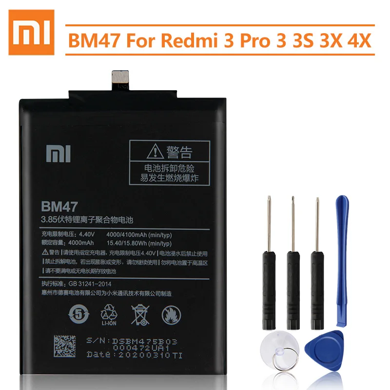 Оригинальная запасная батарея BM47 для Xiaomi Redmi 3 4X 3S 3X Redmi3 Pro Hongmi Redrice 3x аутентичная