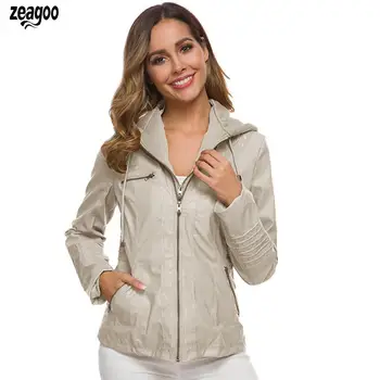 

Women Fashion Casual Slim Fit Faux Leather Jackets Zipper Hooded Hooded, closure, Pockets Coat Outwear Autumn