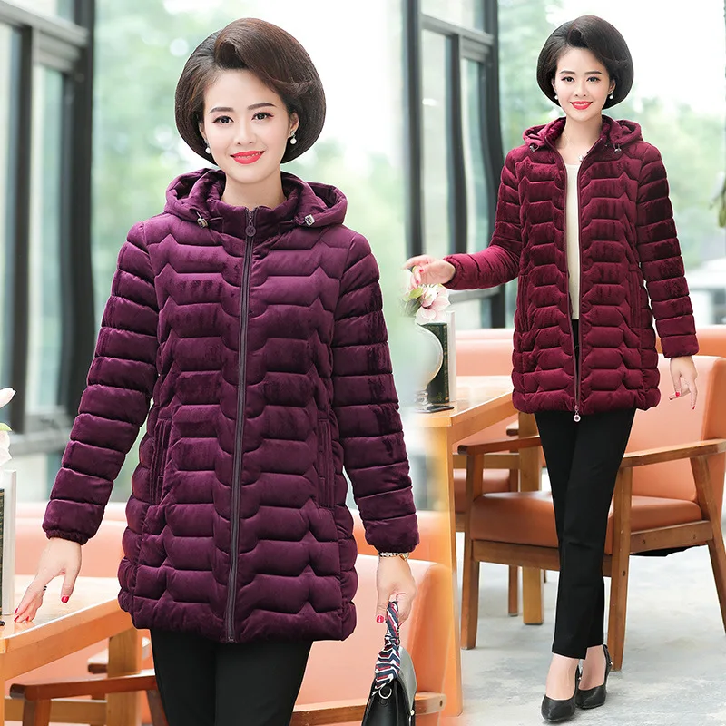 

Middle-aged WOMEN'S Cotton-padded Clothes Gold Velvet Elderly Mid-length Cotton Coat Women's Middle-aged Women Dress Winter Thic