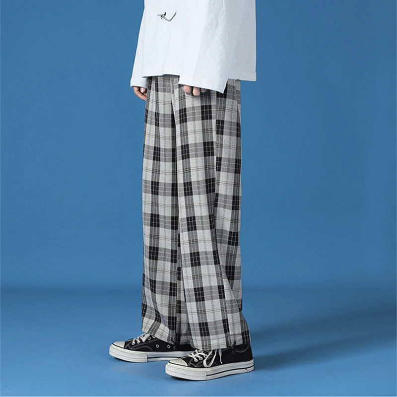 Men New Polyester Loose Japan Harajuku style Grid Wide Pants Men Casual Drawstring Elastic Leg opening Ankle Length Pants