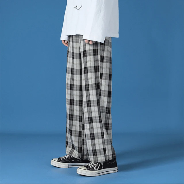 Men New  Polyester Loose Japan Harajuku style Grid Wide Pants Men Casual Drawstring Elastic Leg opening Ankle Length Pants Men 4