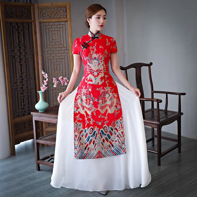 Plus size 5XL cheongsam autumn new female dignified atmosphere Austrian Chinese etiquette Printed pendulum dress Long cheongsam - Цвет: style 3
