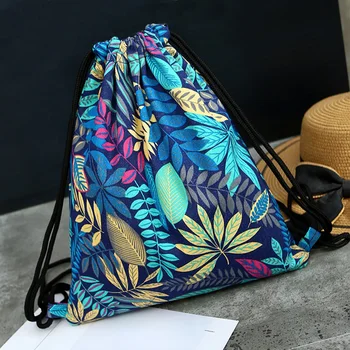 

Women Storage Backpack Shopping Organizer Lightweight Canvas Pouch Travel Multi Use Drawstring Bag Sport Outdoor Floral Print
