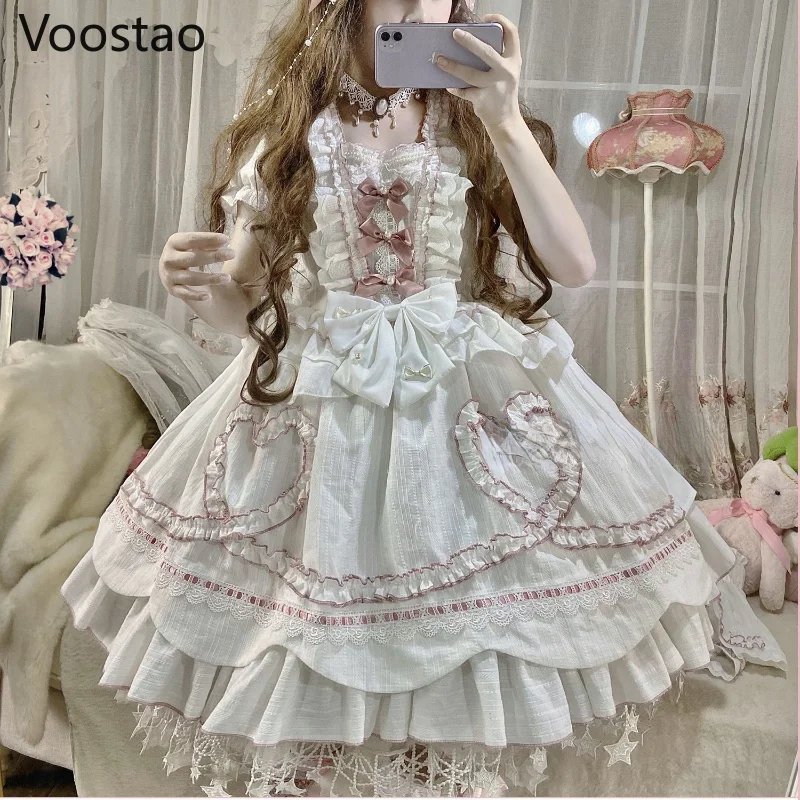 Sweet Chic Lolita Princess OP Dress Vintage Elegant Bow Lace Ruffles Pearls Flowers Wedding Party Dress