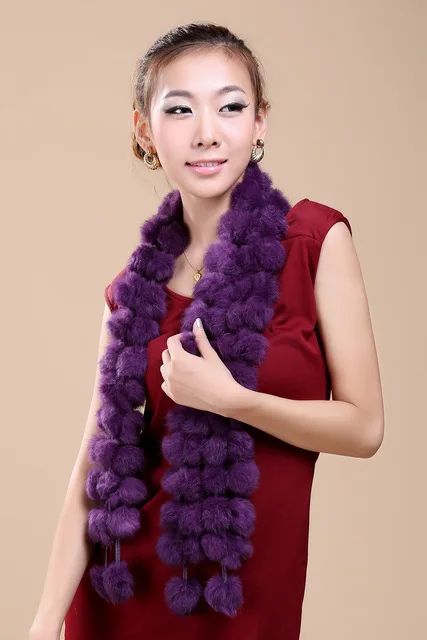 purple Роскошный зимний женский настоящий шарф из меха кролика Рекс Повседневный теплый вязаный 108 помпон глушитель натуральный настоящий мех кролика шарфы - Цвет: purple