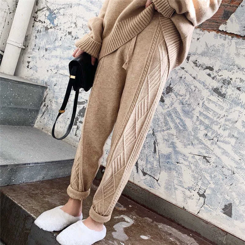 Winter Soft Knitted Sweatpants Women's Casual High Waist Harem