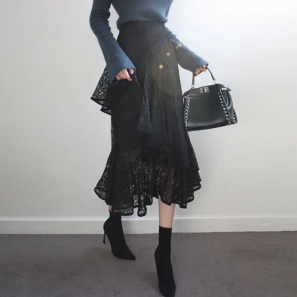 Новинка, Весенняя Дизайнерская Женская длинная юбка, роскошная винтажная кружевная юбка с оборками, высокая талия, модные вечерние юбки - Цвет: black