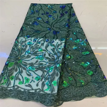 

African Sequins Lace Fabric 2019 green High Quality Guipure French Sequins Tulle Lace Dress Nigeria Lace Fabric For Wedding