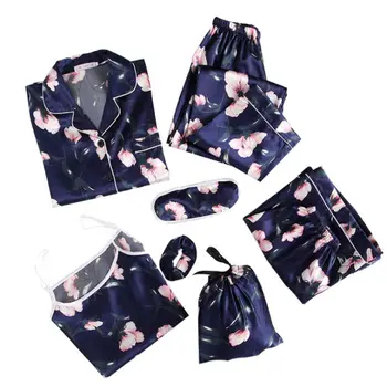 

Women 7Pcs Ice Silk Pajamas Set Floral Shirt Camisole Pants Eye Mask Sleepwear