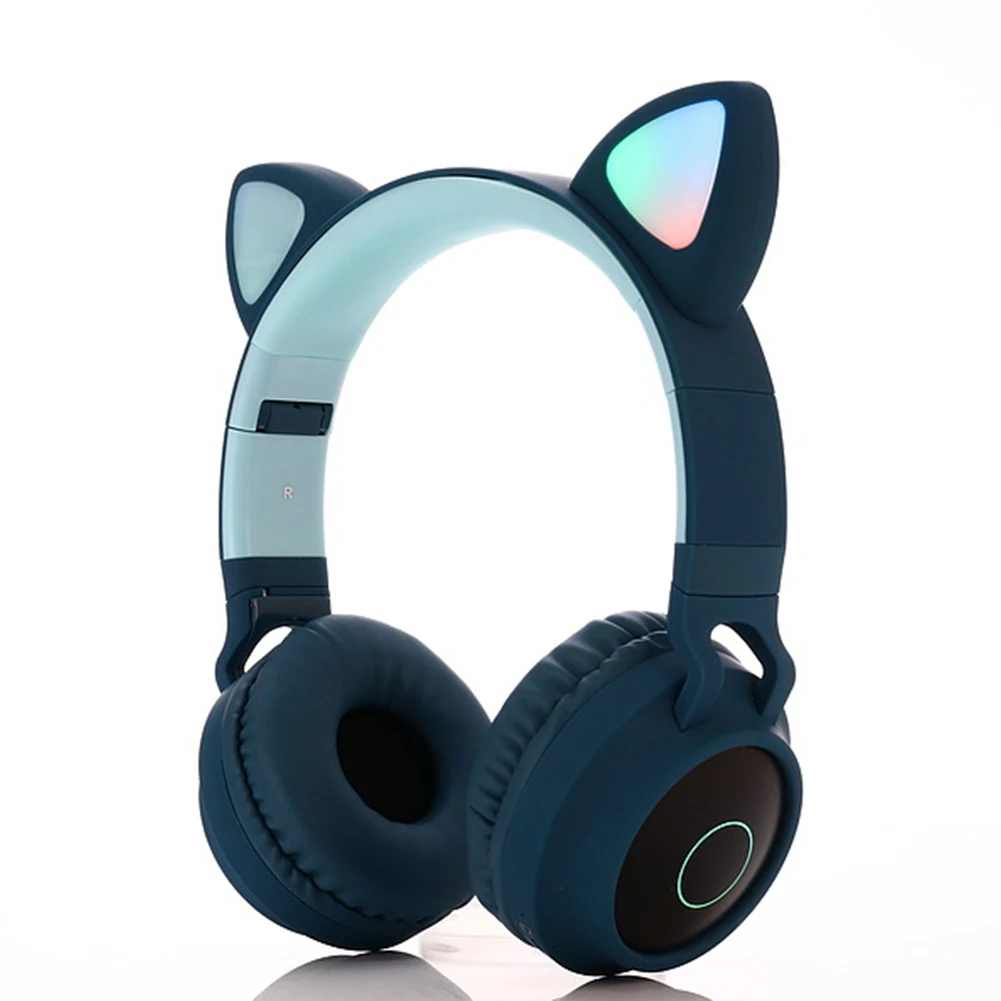 Детские Модные Bluetooth 5,0 складные милые Беспроводные наушники с кошачьими ушками для девочек, ПК, USB, перезаряжаемый музыкальный смартфон, светодиодный, светящийся - Цвет: Синий