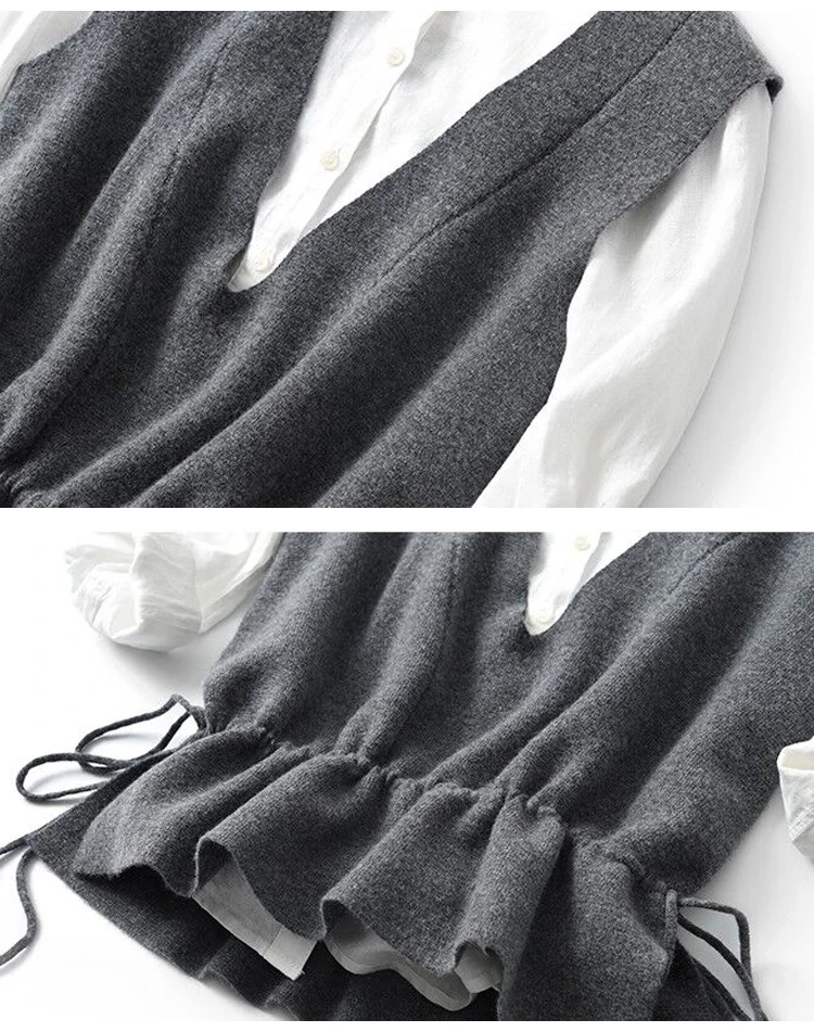 Женский пуловер без рукавов Осень корейский стиль элегантный винтажный v-образный вырез на шнуровке жилет вязаный свитер жилет Серый Черный T407