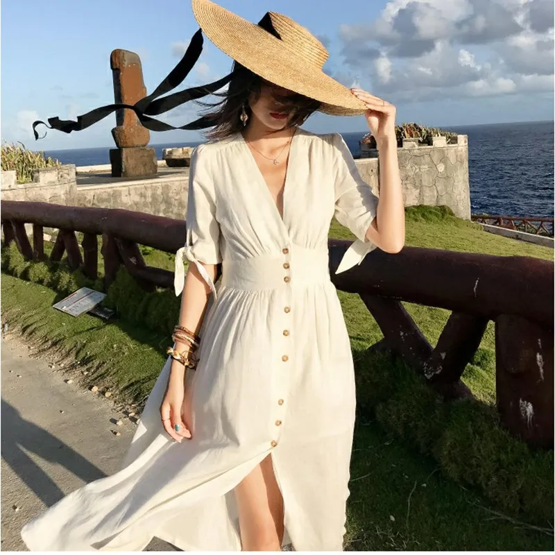 2019 Spring Summer Women Elegant Half Sleeve Bowknot Midi Dress Vintage ...