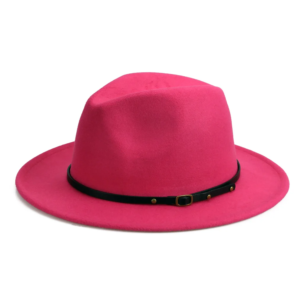 YY 14 цветов Fedora шляпа для женщин и мужчин зима PU ремень фетровая Кепка с плоскими полями шерстяной джазовый Панама Винтаж Трилби шляпа игрока FD19017 - Цвет: Rose Fedora Hat