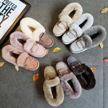 GRWG Winter 100% Genuine Leather Real Wool Women Flats New Fashion Female Moccasins Casual Loafers Plus Size Snow Shoes
