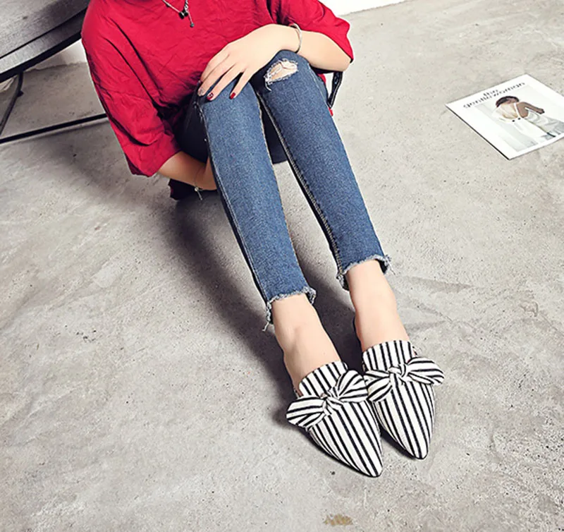 women shoes spring bow cheap bowtie black cute kawaii embellished flat slip on pointed slides sandals slippers mules ladies