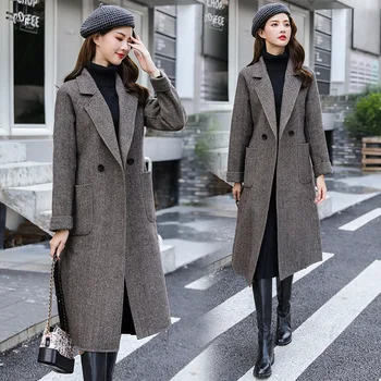 

2019 new double-faced woolen coat female long section of self-cultivation herringbone pattern anti-season cashmere
