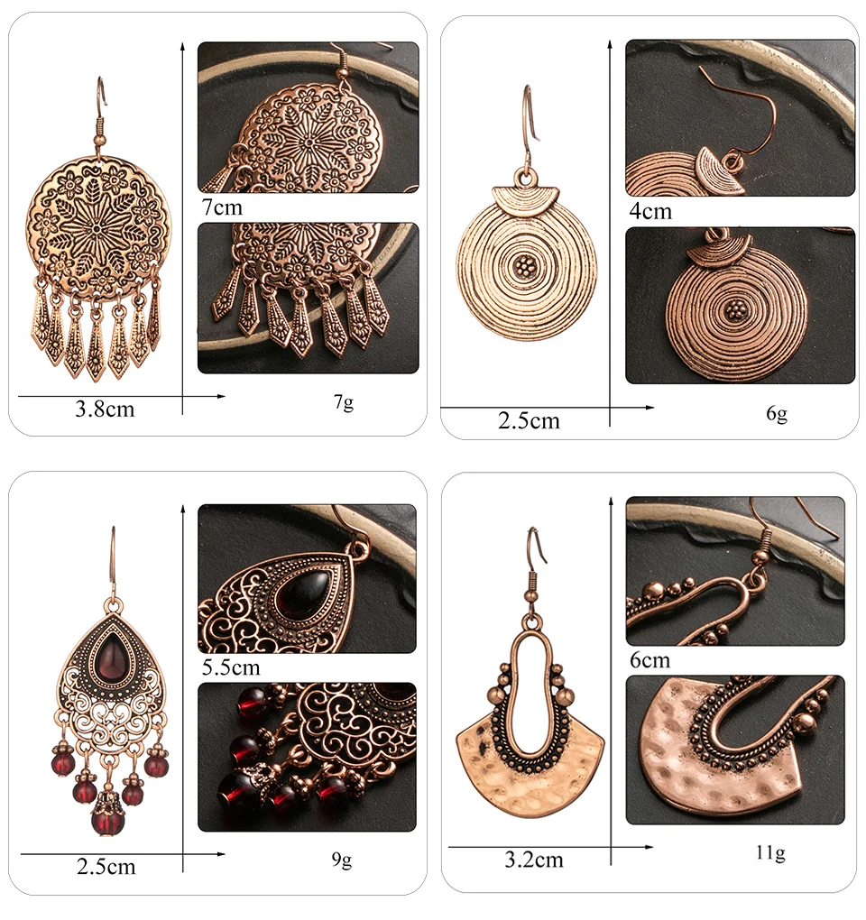 Bohemia Rose Gold Tassel Fringe Drop Earrings for Women Vintage Ethnic Natural Stones Round Geometric Earrings Female Jewelry (1395)