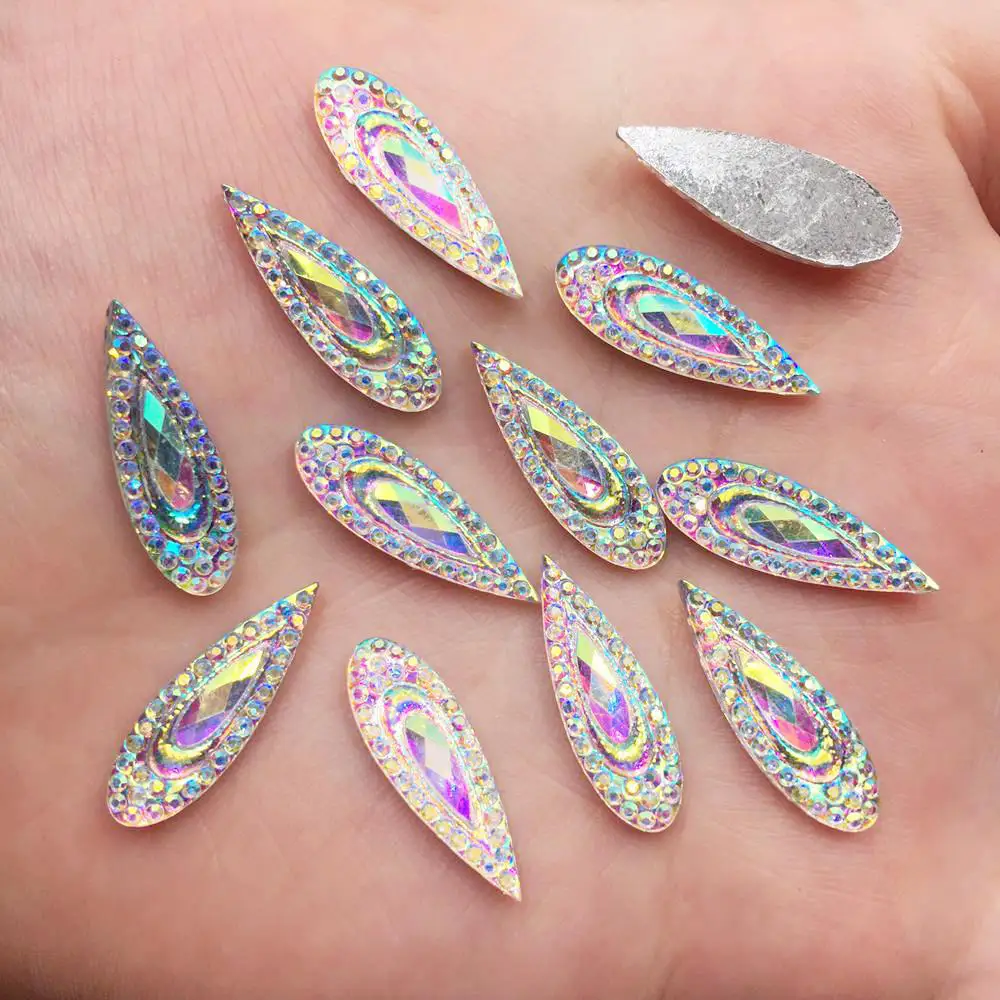 60PCS shiny AB Resin 6*20mm Peacock eye Teardrop Flat back rhinestone scrapbook DIY Wedding applique ornament SF601