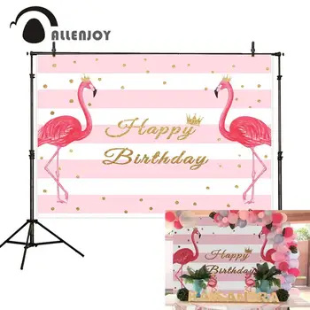 

Allenjoy photography backdrop Pink White Striped Golden Dots Flamingos Crown Birthday Happy Theme background camera fotografica