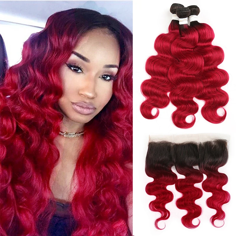 1B Burgundy Brazilian Body Wave Human Hair Bundles With Frontal 13x4 SOKU 3PCS Ombre Red Hair Bundles With Closure Non-Remy Hair