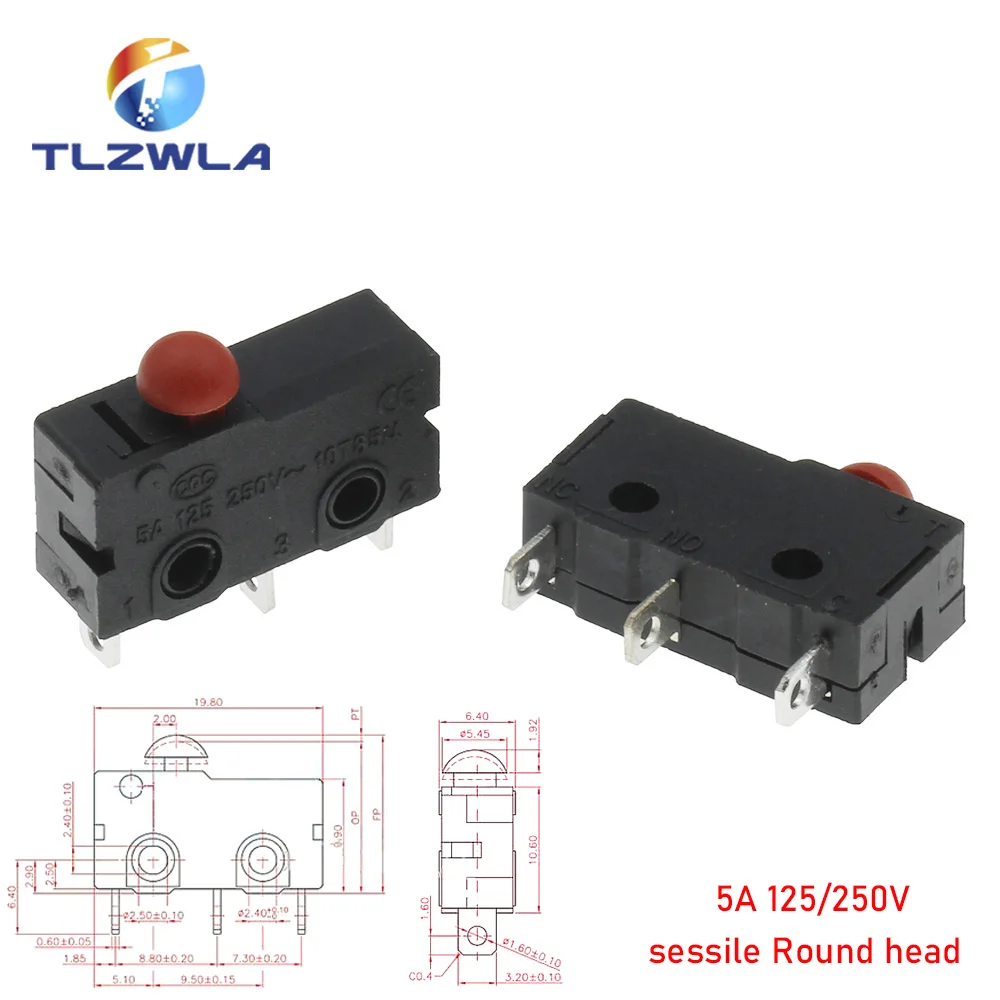 Micro Switch Copper Contact 5A 125/250V Mini Limit Switch No Nc 2/3Pin Roller Arc Rod Quick Button Switch