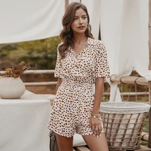 Jumpsuits For Women 2020 Fashion Boho Floral Print High Waist elegant Cotton Short Jumpsuit Office Lady Casual Black Playsuits