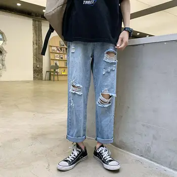 

2020 Spring And Summer New Youth Popular Solid Color Men's Hole Loose Jeans Fashion Casual Wild Straight Pants Blue M-2XL