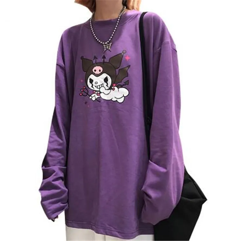 purple Уличная одежда с принтом дьявола фиолетовая женская футболка с длинным рукавом и круглым вырезом Повседневная Свободная Весенняя Осенняя Футболка-85 - Цвет: purple