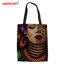 WHEREISART пользовательские модные женские сумки фото, животные, мультфильм, африканские принты женские сумки парусиновые сумки для покупок большие