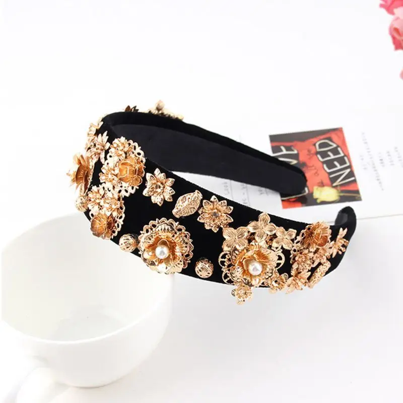 Women Luxury Heavy Duty Baroque Headband Gold Alloy Flower Rhinestone Hair Hoop 449F