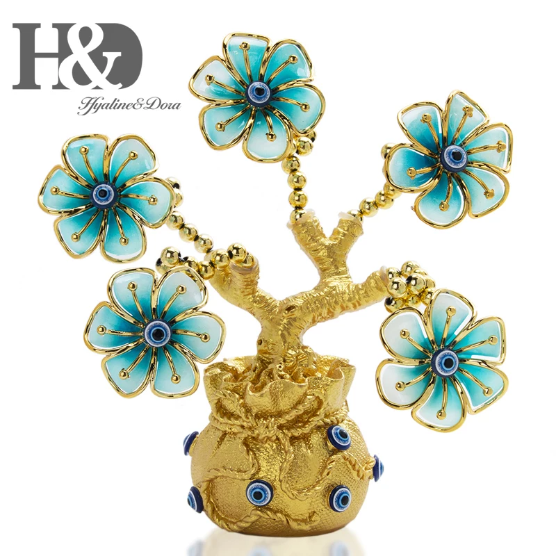 

H&D Fengshui Blue Evil Eye Tree Figurine Money Fortune Protection Tree Decor Good Luck Gift Green Flower with Gold Wealth Bag