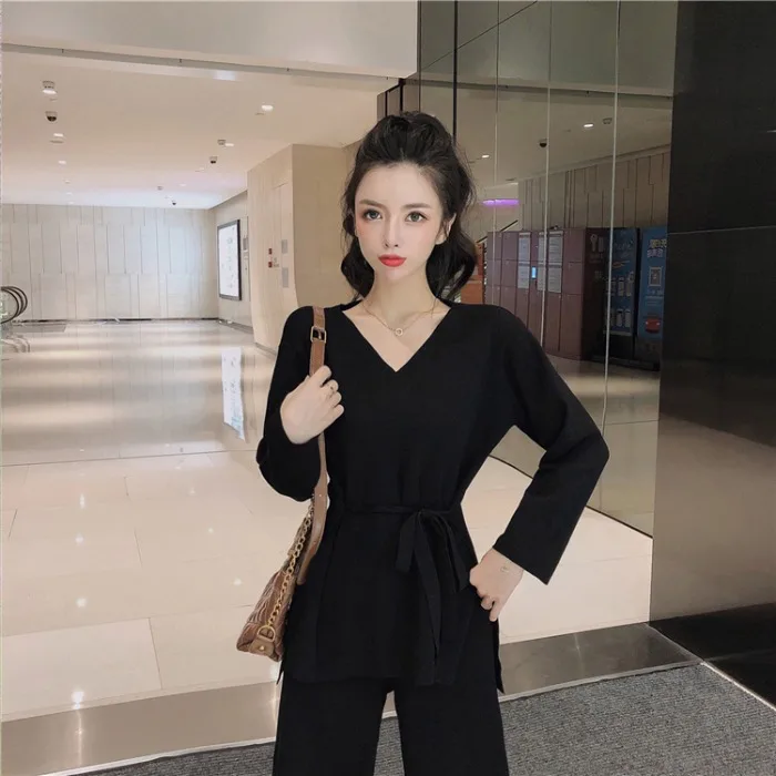 

Set Two-Piece Set 2019 New Style Western Style Waist Hugging Slit V-neck Knitted Jacket High-waisted Casual Loose Pants Women's