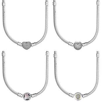 

Pave Love Heart Two-Tone Signature Pink Poetic Blooms Clasp Snake Chain 925 Silver Necklace For Fine Bead Charm DIY Jewelry