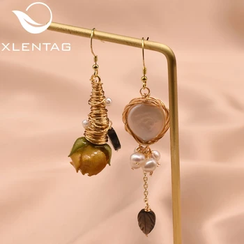 

XlentAg Natural Fresh Water Pearl Really Flower Handmade Asymmetric Dangle Earring For Women Drop Earrings Luxury Jewelry GE0593