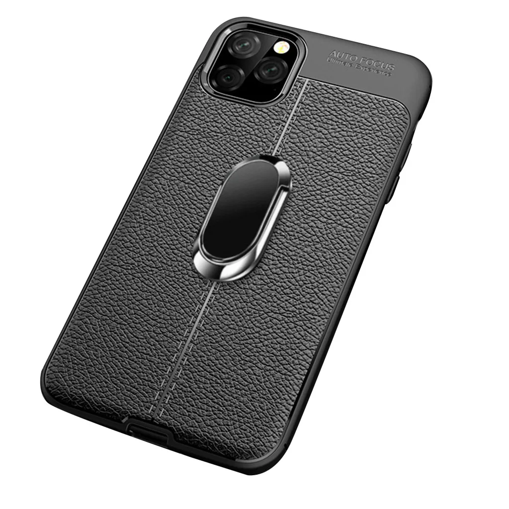 Модный Ударопрочный Мягкий силиконовый чехол для iPhone 11 Pro Max 6,5 дюймов кожаный мягкий прочный тонкий силиконовый чехол с кольцом-подставкой - Цвет: Black