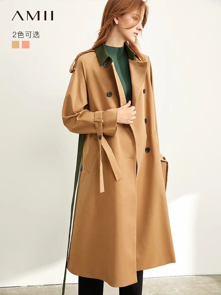 

Amii extremely simple British style windbreaker woman 2019 fall new double row buckle impingement color open fork coat