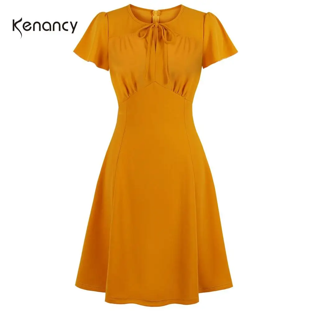 Kenancy Plus Size Summer Solid Short Sleeves Women Retro Dress Round Neck Lace Up High Waist Party Vestidos Vintage Dresses 4XL