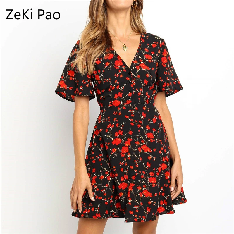 

2020 Summer Chiffon Dress Female Printed Boho Beach Dress Casual Ruffled Short Sleeve A-line Mini Party Dress Vestidos