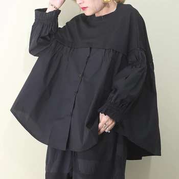

[EWQ] 2020 New Pattern Spring Round Collar Long Sleeve Solid Patchwork Single Breasted Knitting Fold Casual Shirt Women AK75301