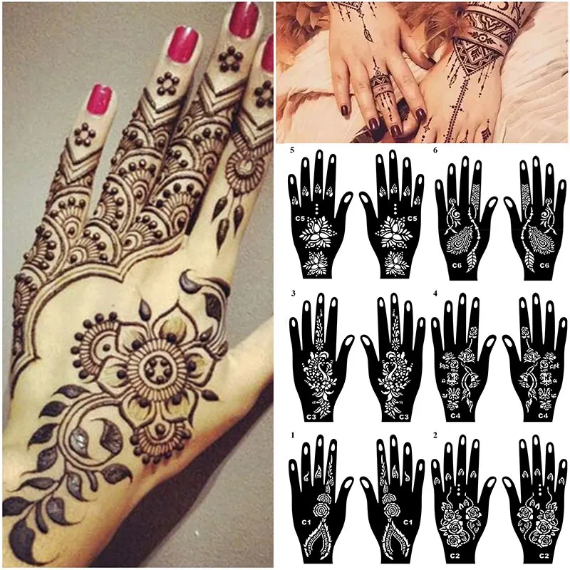 

Fashion Henna Tattoo Stencil Temporary Hand Tattoos DIY Body Art Paint Sticker Template Indian Wedding Painting Kit Tools