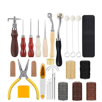 

DIY Leather Craft Handmade Sewing Stitching Punch Carving Work Kit Set Saddle Groover Waxed Thimble Kit Practical