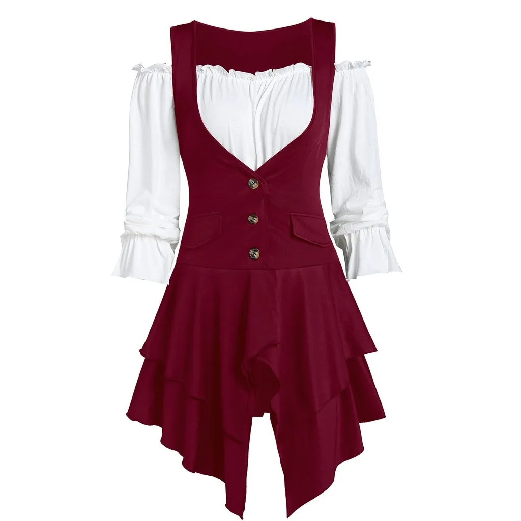 

KANCOOLD Women Plus Size Coat Blouse Button Two-Piece Set Pocket Layered Tank Long Sleeve Party Prom Swing Ladies Dress HX0916
